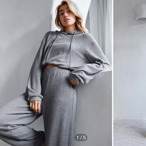 SHEIN Sweaters - Waffle Knit Drawstring Hooded Lounge Set